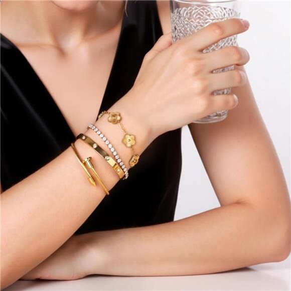 18K Gold Plated Bracelet Set Women Stackable Tennis Love Clover Adjustable Jewel - Picture 2 of 7